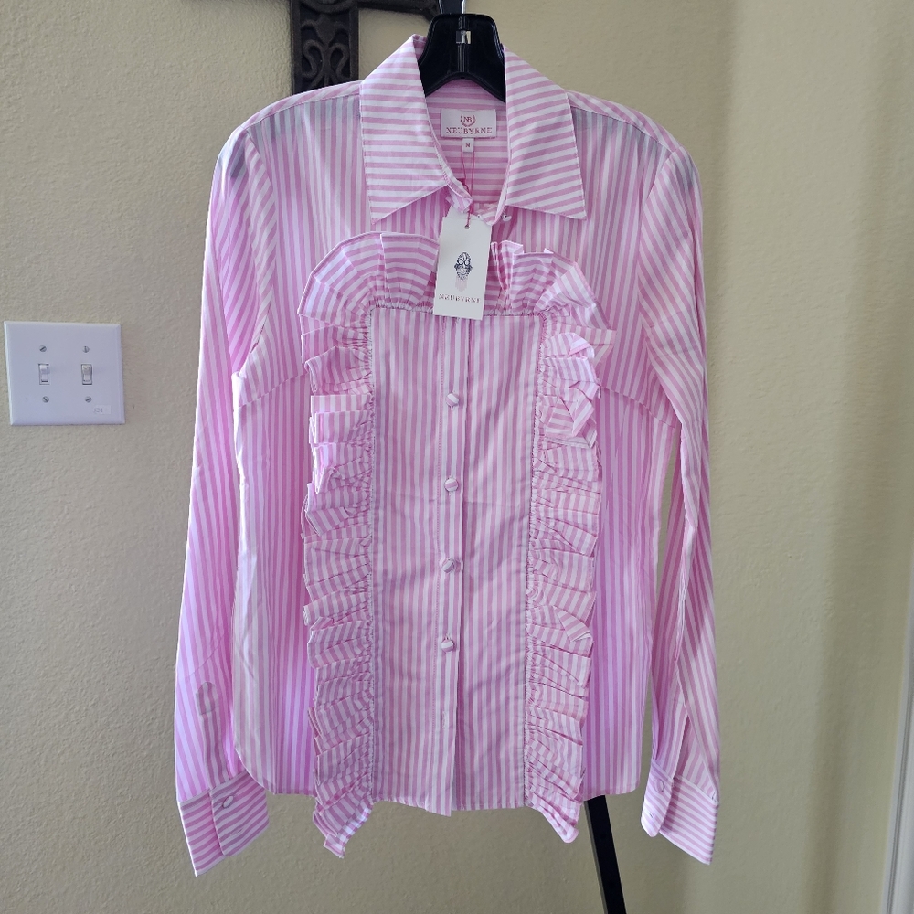 Neubyrne Long Sleeve Button-Up Top Pink Striped Ruffle Shirt